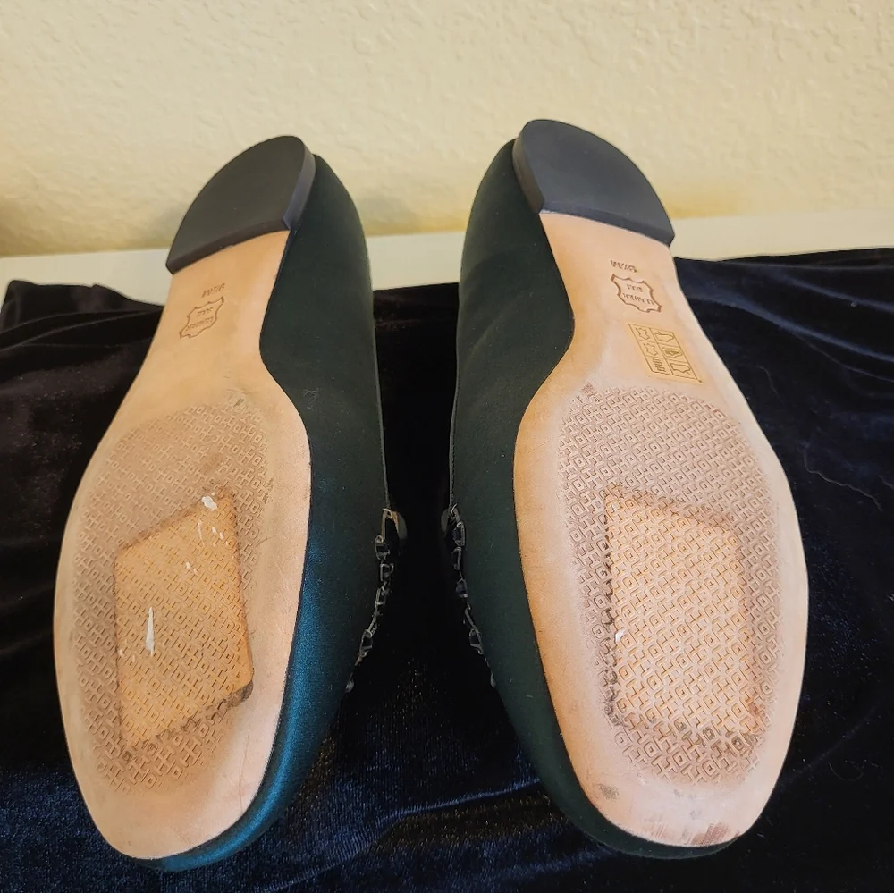 TORY BURCH Embellished Emerald Green Satin Loafers - Picture 3 of 7
